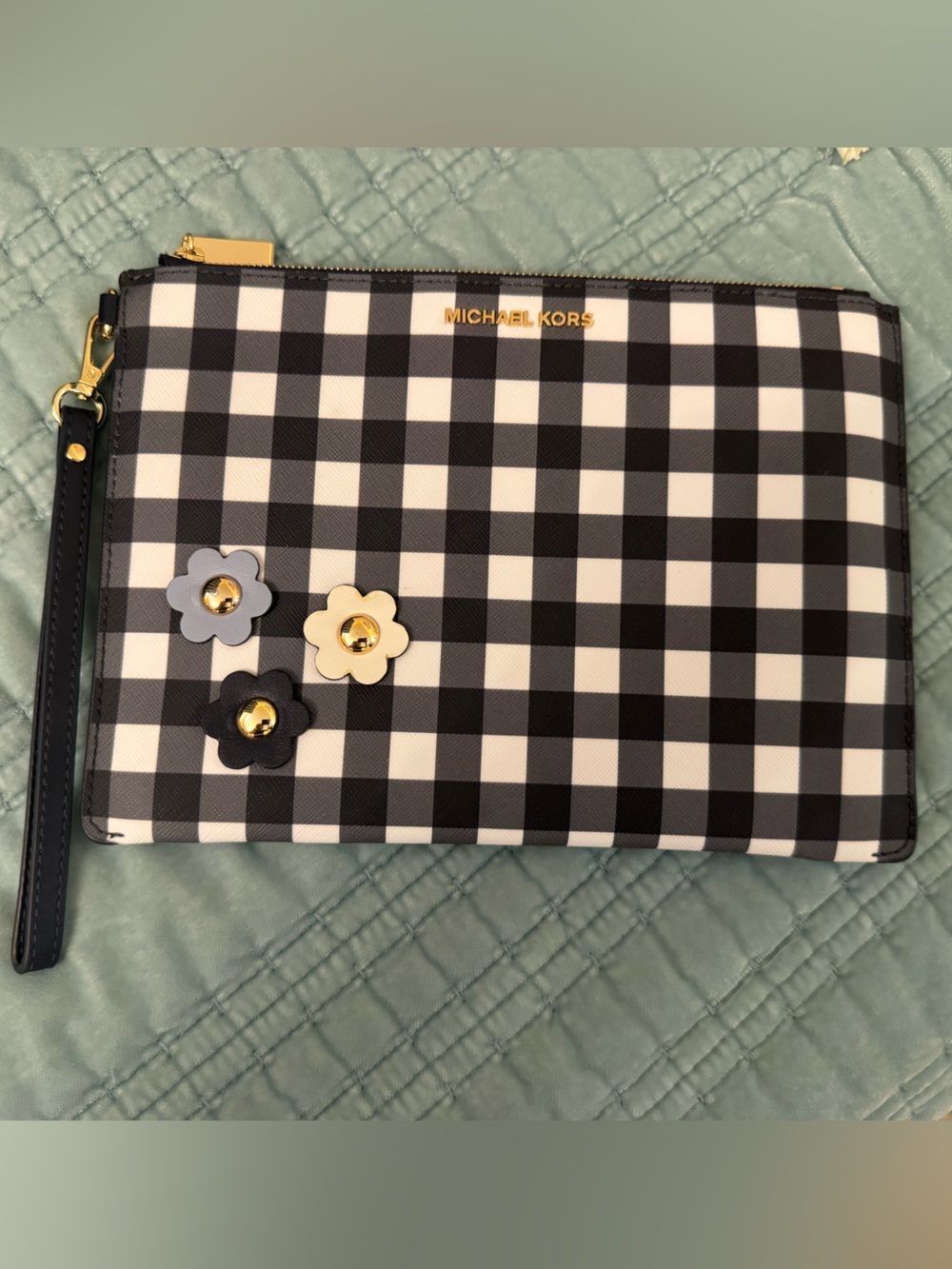 MICHAEL KORS Black & White Gingham Floral Applique Wristlet
